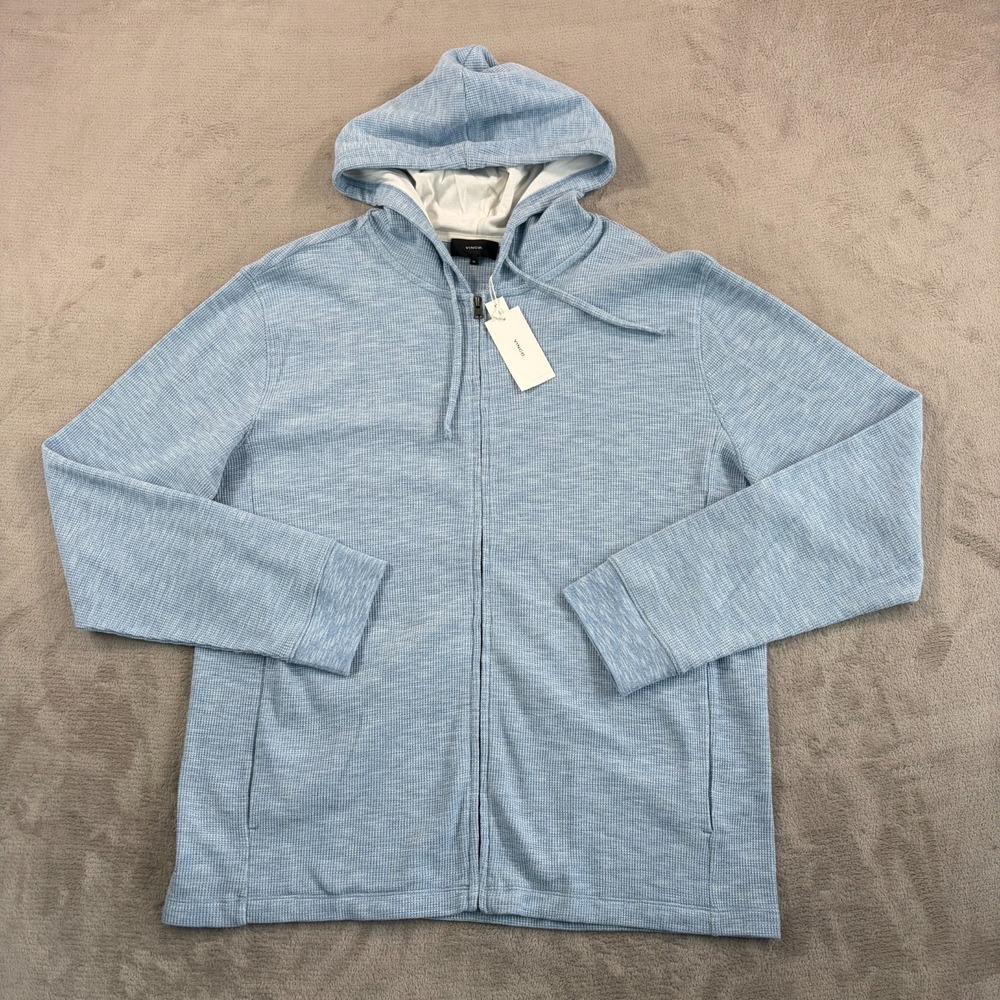 VINCE Waffle Knit Full Zip Hoodie Men XL Bay Water Blue Lightweight NWT $195